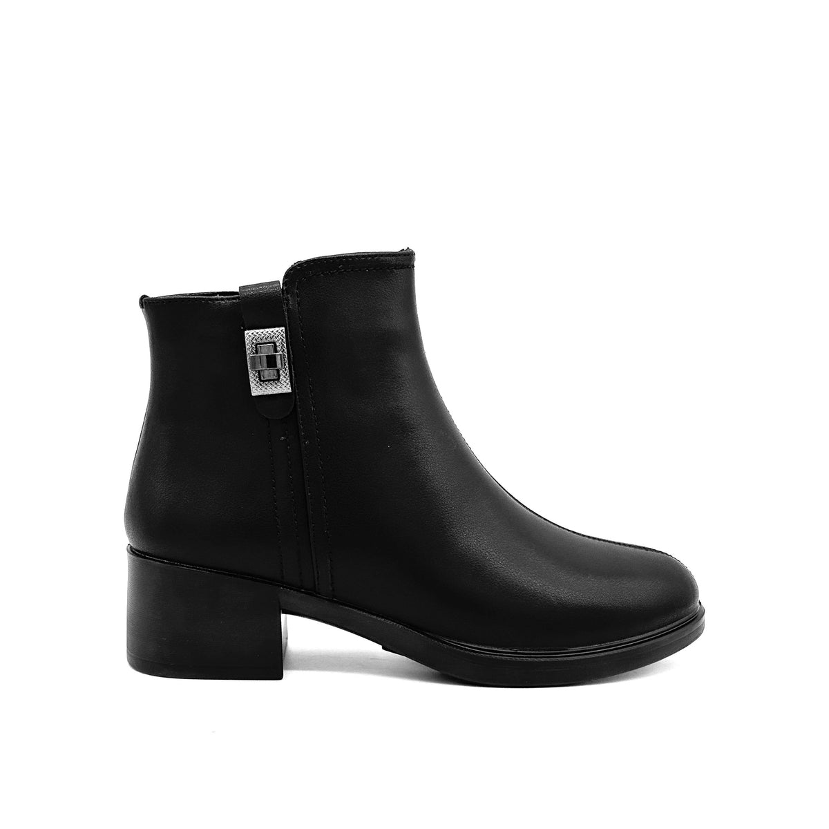 BONAVI Adeline black leather ankle boot with buckle hardware and side zip, side view