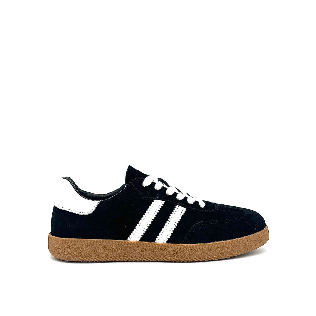 BONAVI Aiden suede leather retro stripe sneaker in black with white side stripes and gum sole