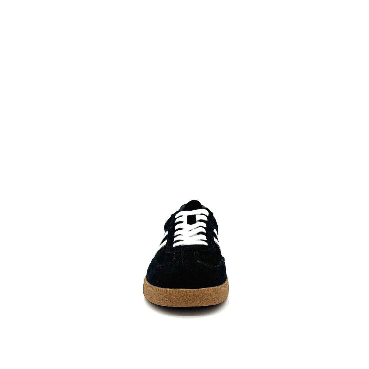 BONAVI Aiden suede leather retro stripe sneaker in black with white side stripes and gum sole
