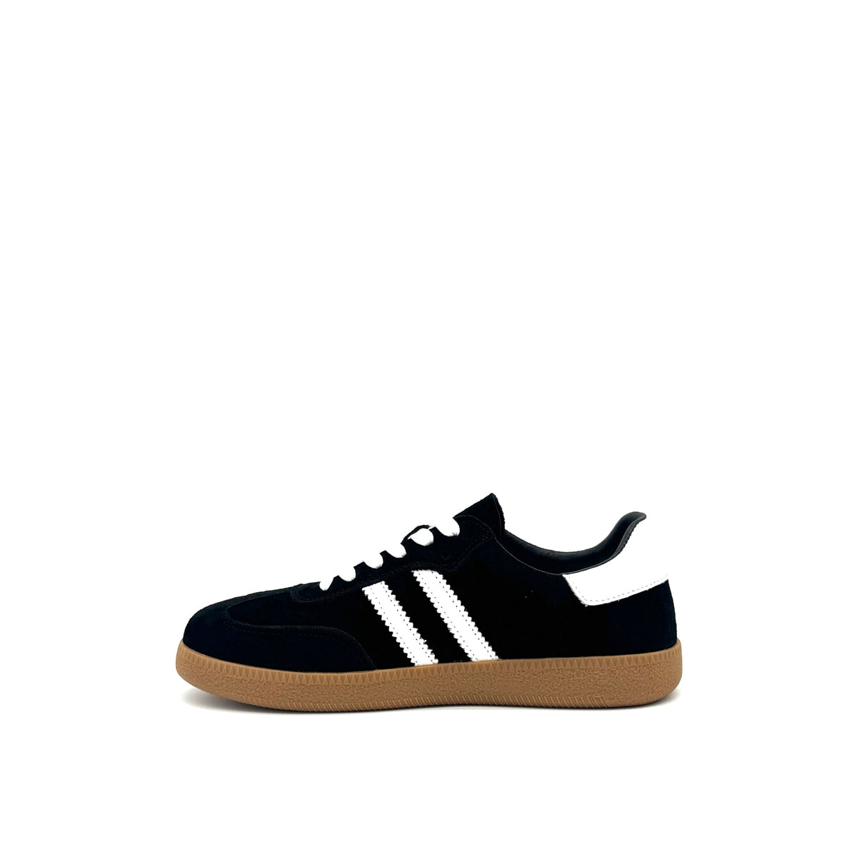 BONAVI Aiden suede leather retro stripe sneaker in black with white side stripes and gum sole