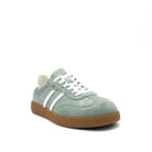 BONAVI Aiden suede leather retro stripe sneaker in sage green with white side stripes and gum sole