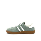 BONAVI Aiden suede leather retro stripe sneaker in sage green with white side stripes and gum sole
