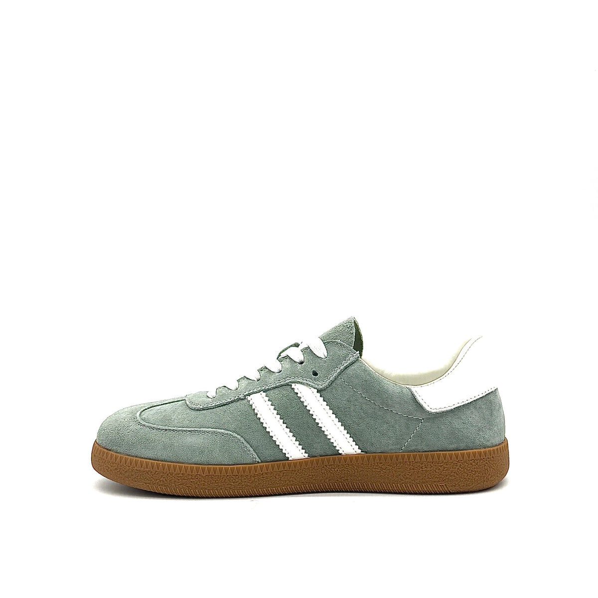 BONAVI Aiden suede leather retro stripe sneaker in sage green with white side stripes and gum sole