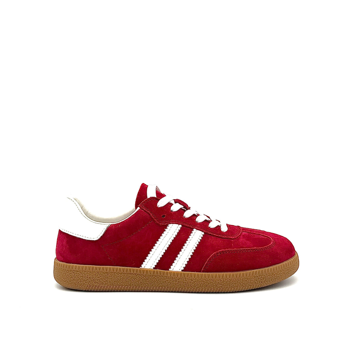 BONAVI Aiden suede leather retro stripe sneaker in red with white side stripes and gum sole