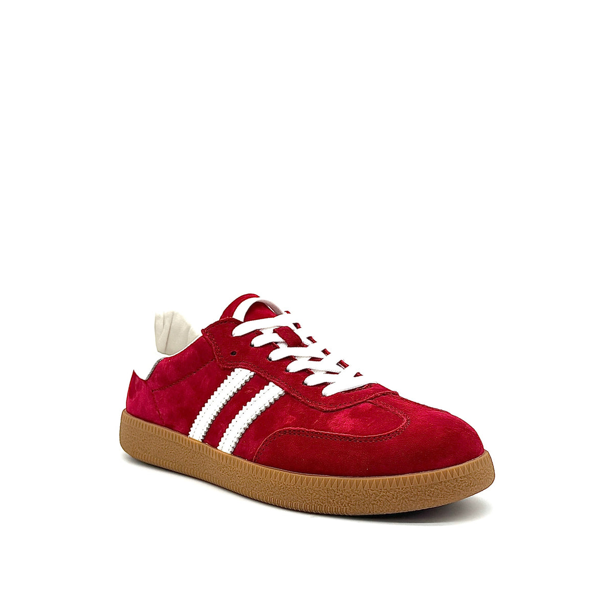 BONAVI Aiden suede leather retro stripe sneaker in red with white side stripes and gum sole