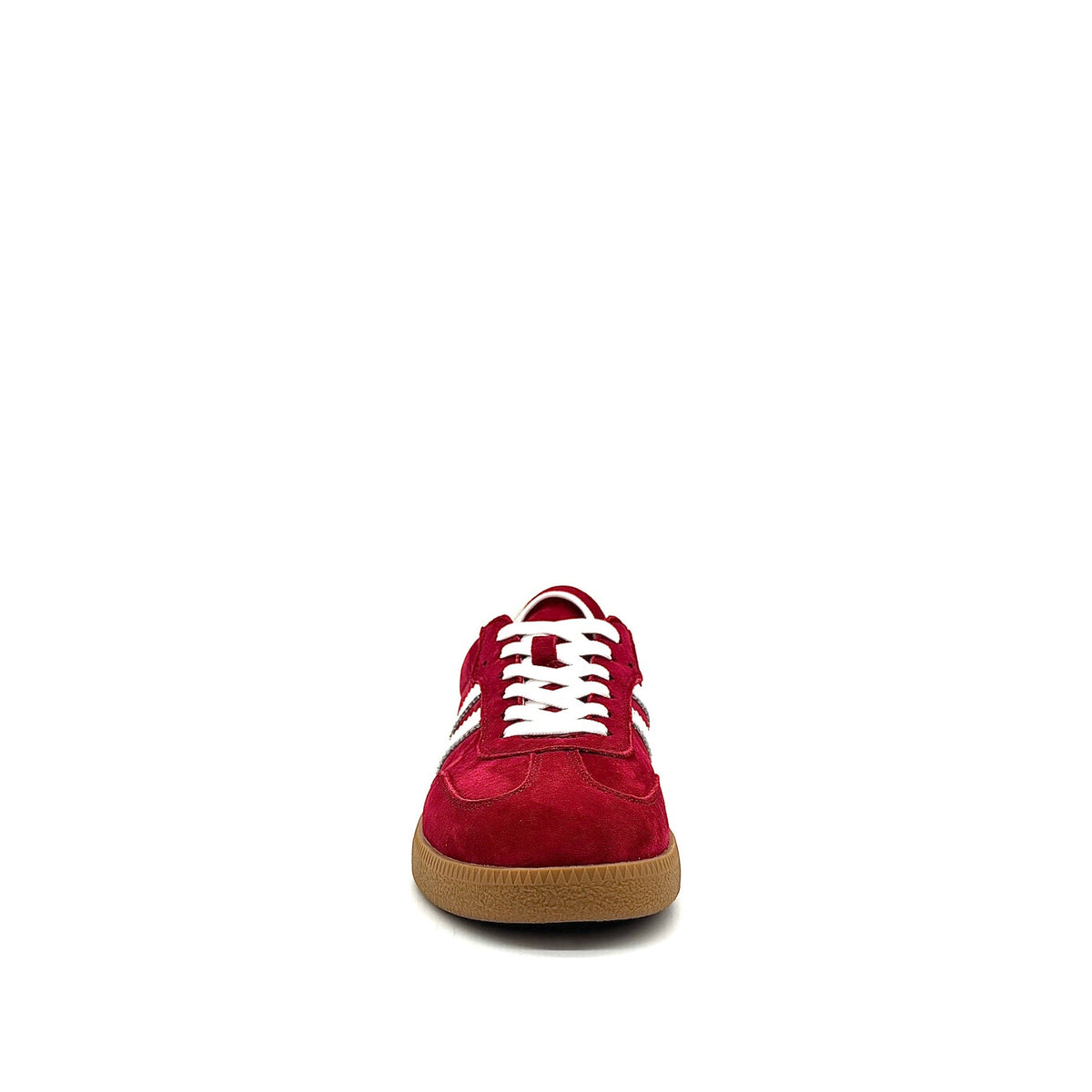BONAVI Aiden suede leather retro stripe sneaker in red with white side stripes and gum sole