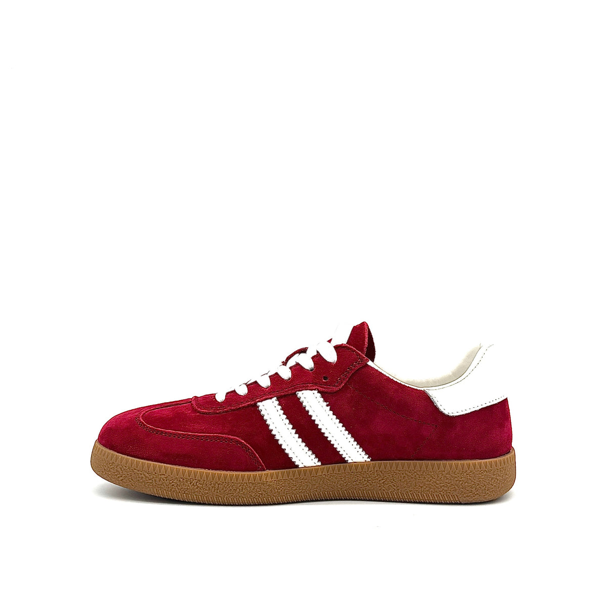 BONAVI Aiden suede leather retro stripe sneaker in red with white side stripes and gum sole