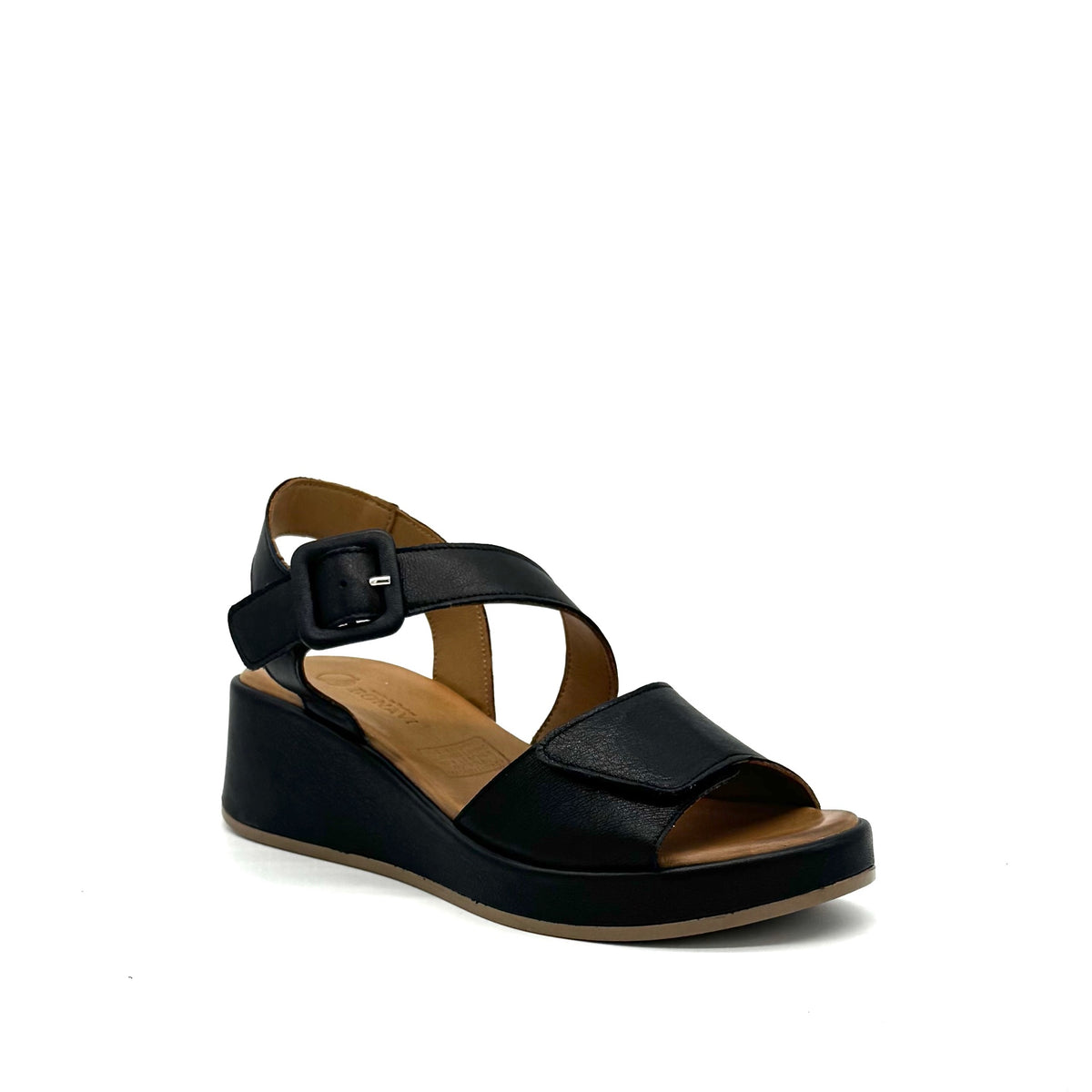 BONAVI Artemis genuine leather platform wedge sandal in black with square buckle ankle strap