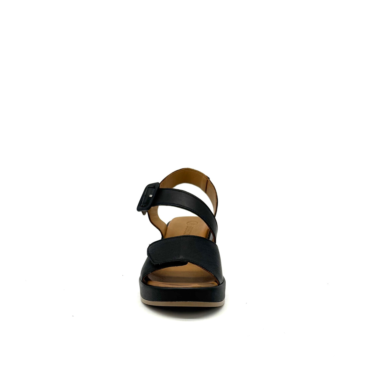 BONAVI Artemis genuine leather platform wedge sandal in black with square buckle ankle strap
