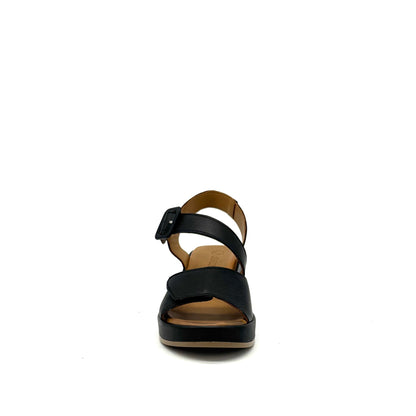 BONAVI Artemis genuine leather platform wedge sandal in black with square buckle ankle strap