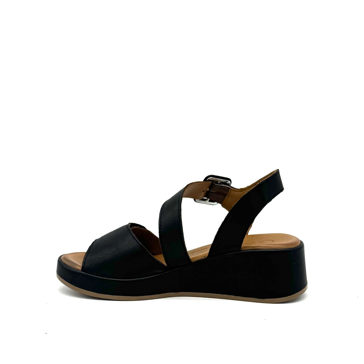BONAVI Artemis genuine leather platform wedge sandal in black with square buckle ankle strap