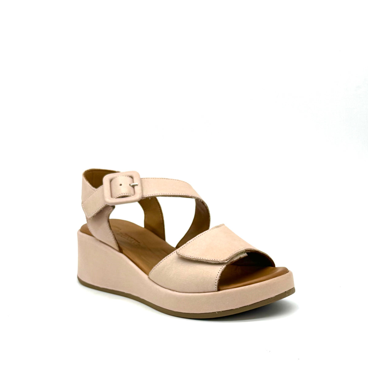 BONAVI Artemis genuine leather platform wedge sandal in nude with square buckle ankle strap