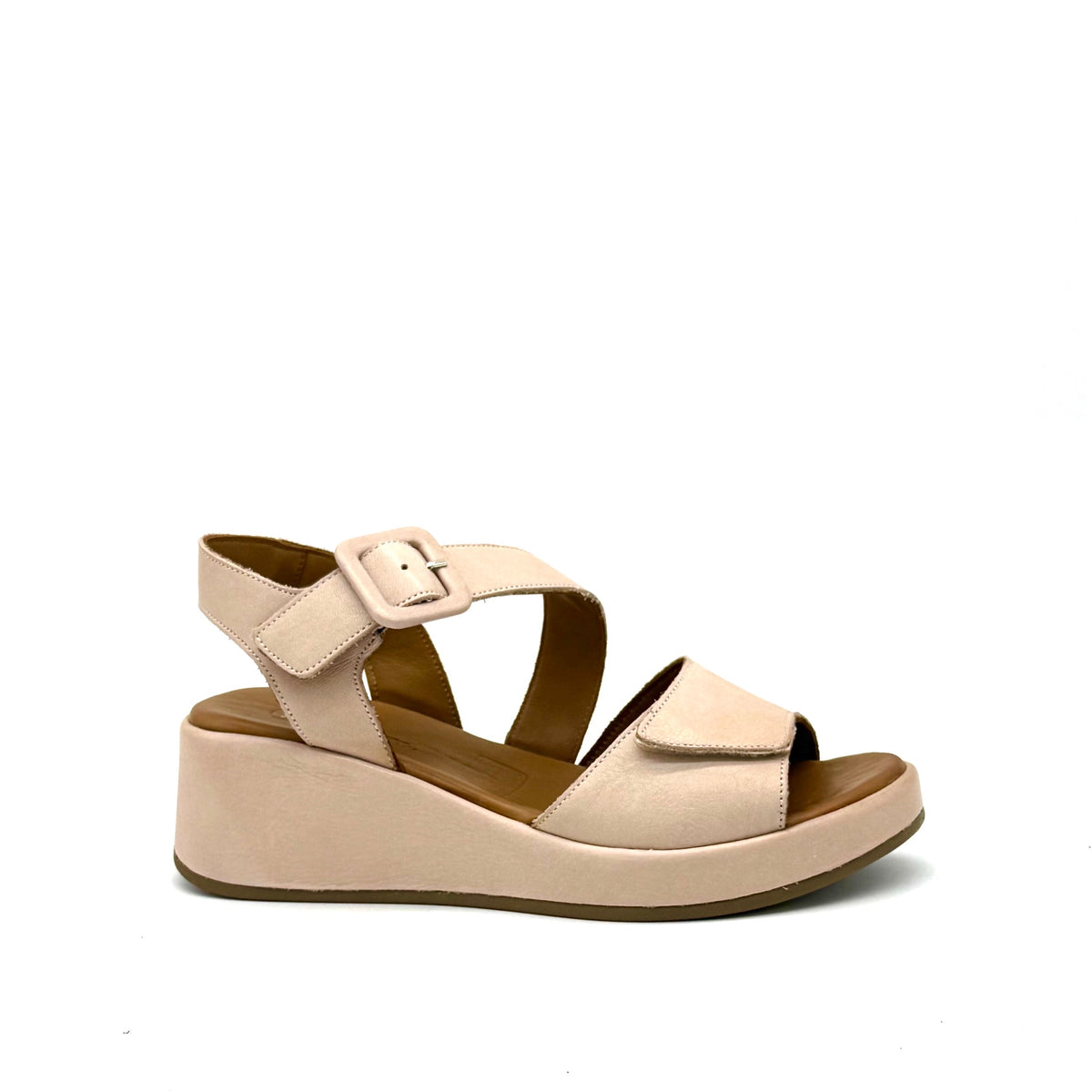 BONAVI Artemis genuine leather platform wedge sandal in nude with square buckle ankle strap
