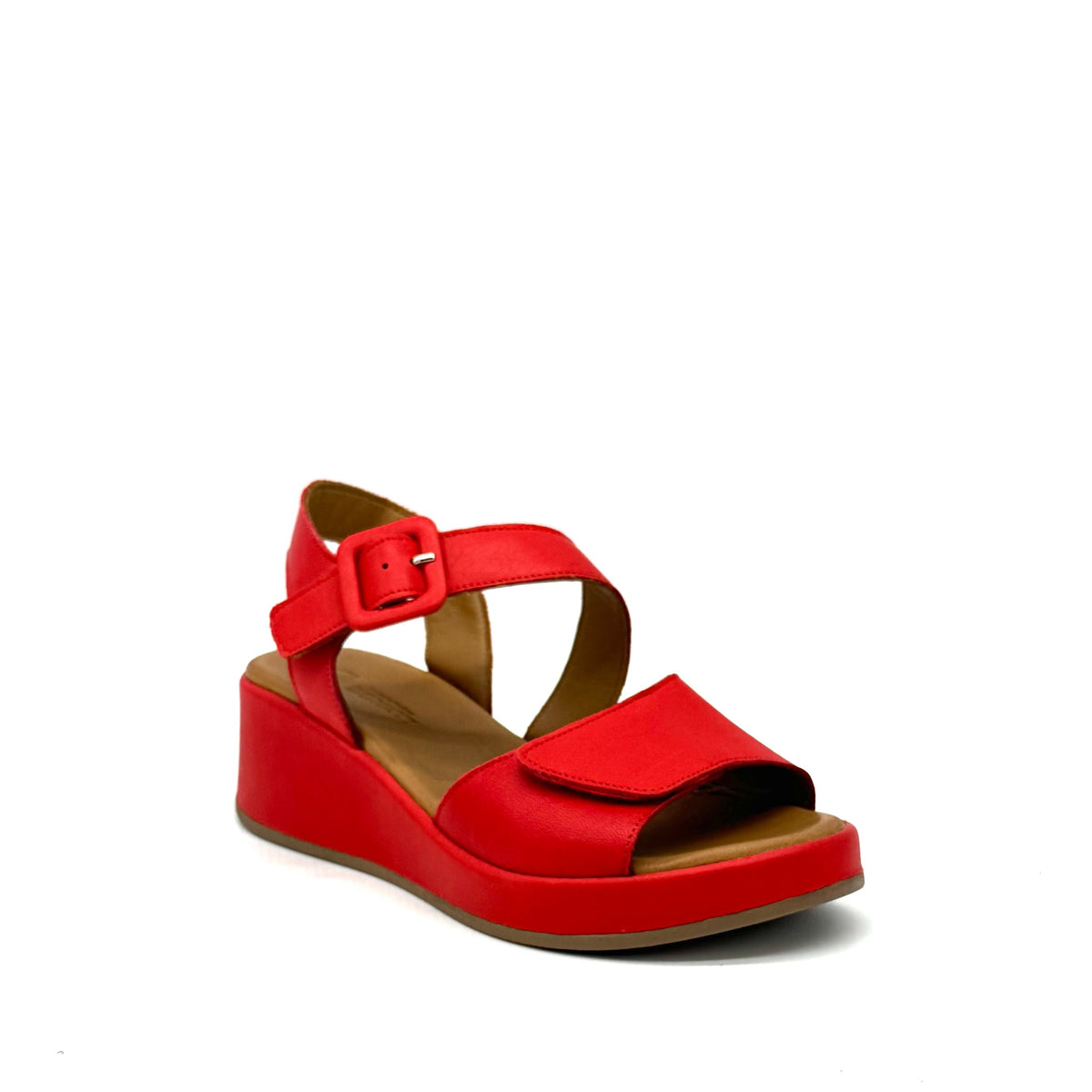 BONAVI Artemis genuine leather platform wedge sandal in red with square buckle ankle strap

