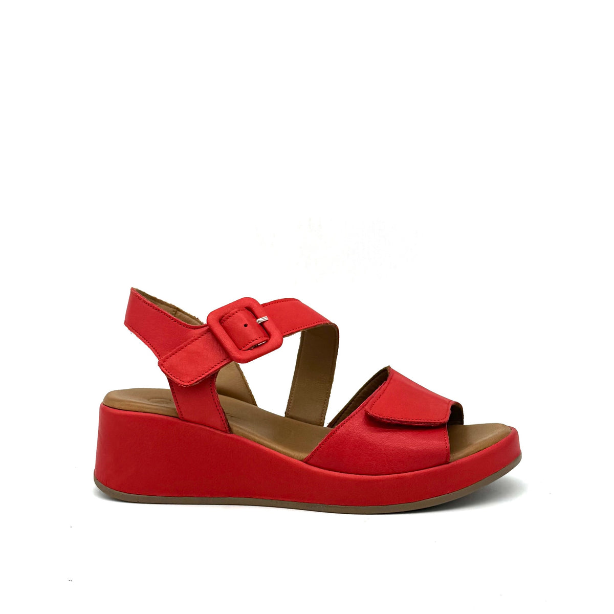 BONAVI Artemis genuine leather platform wedge sandal in red with square buckle ankle strap
