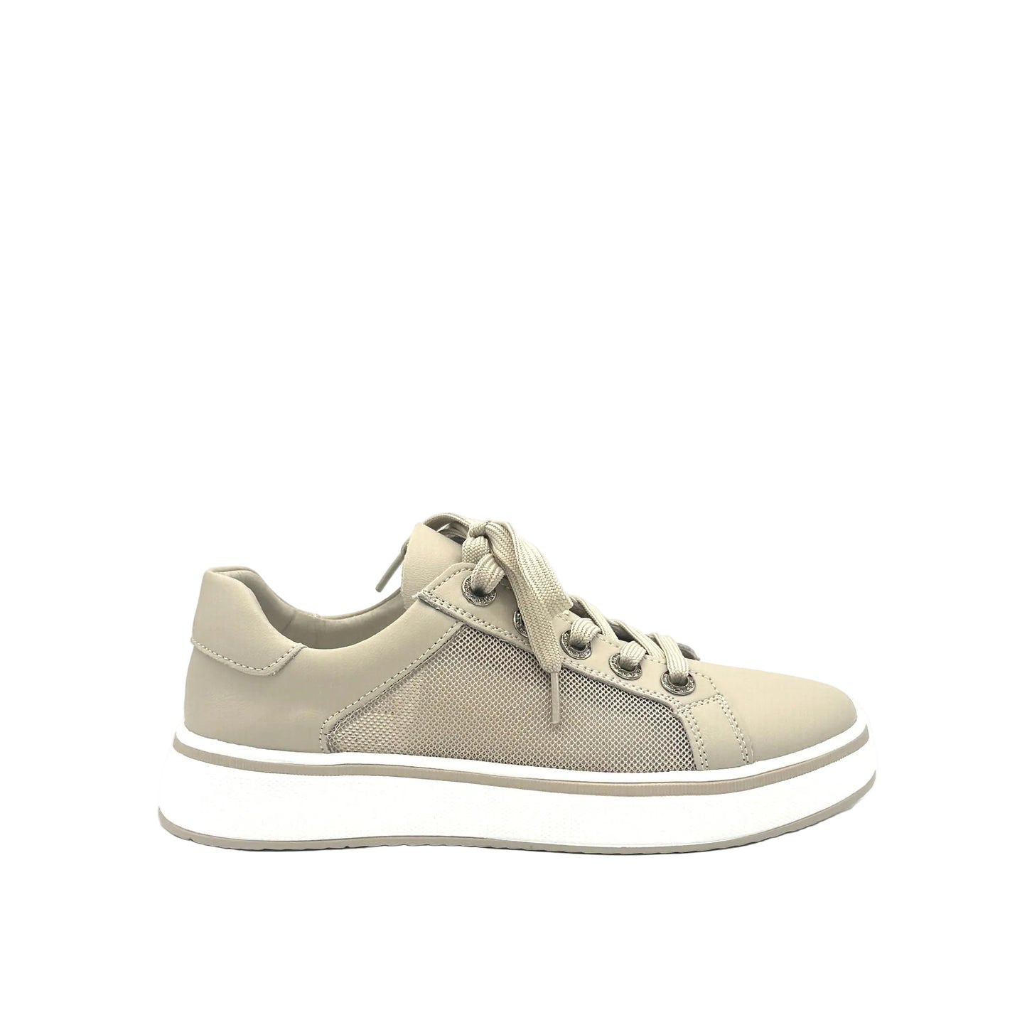 Beige: Bonavi Azael leather platform sneaker in beige with mesh panel detail and chunky white sole