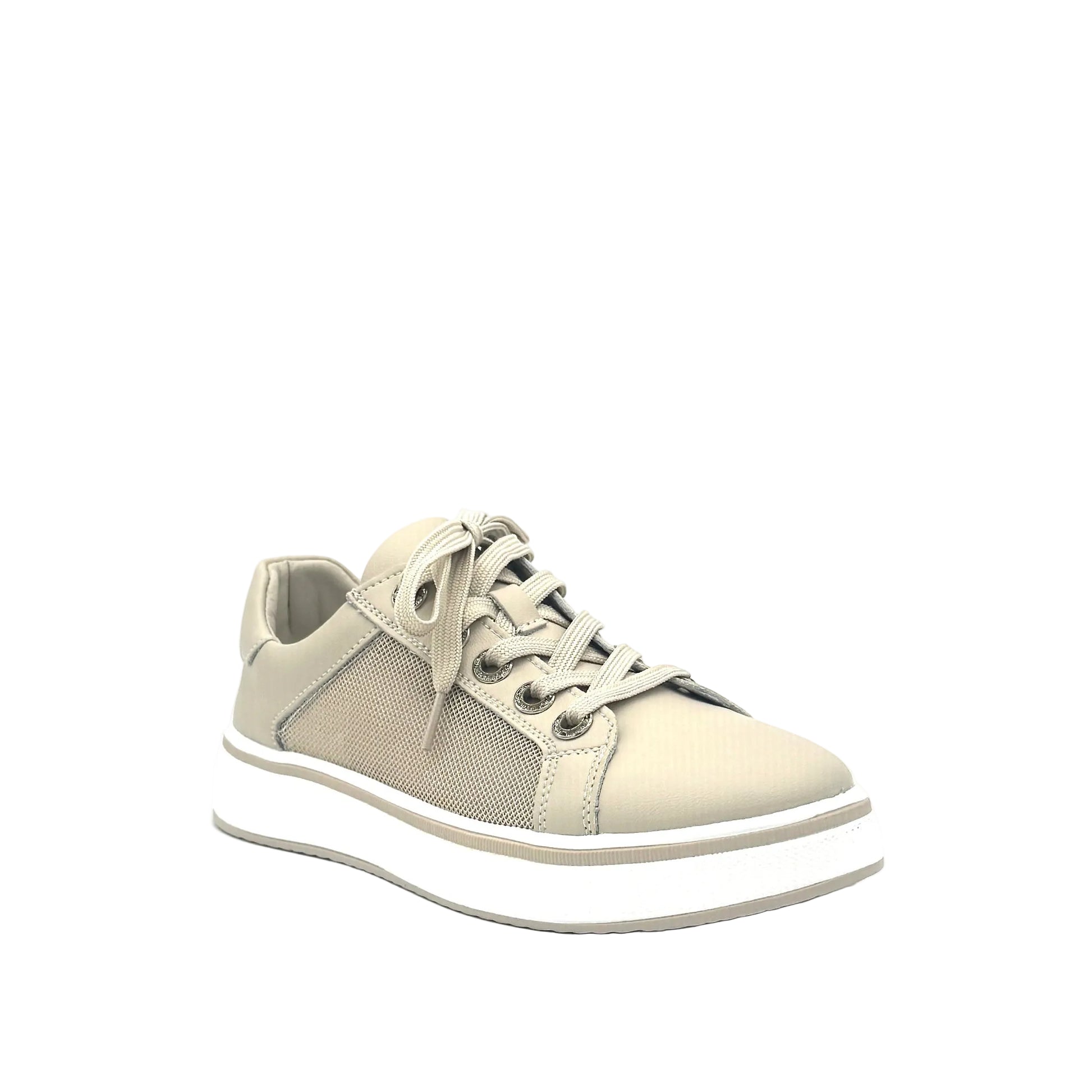 Beige: Bonavi Azael leather platform sneaker in beige with mesh panel detail and chunky white sole
