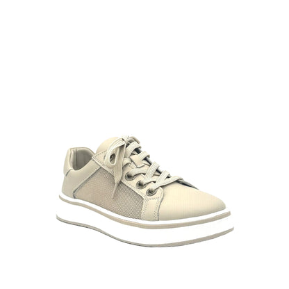 Beige: Bonavi Azael leather platform sneaker in beige with mesh panel detail and chunky white sole