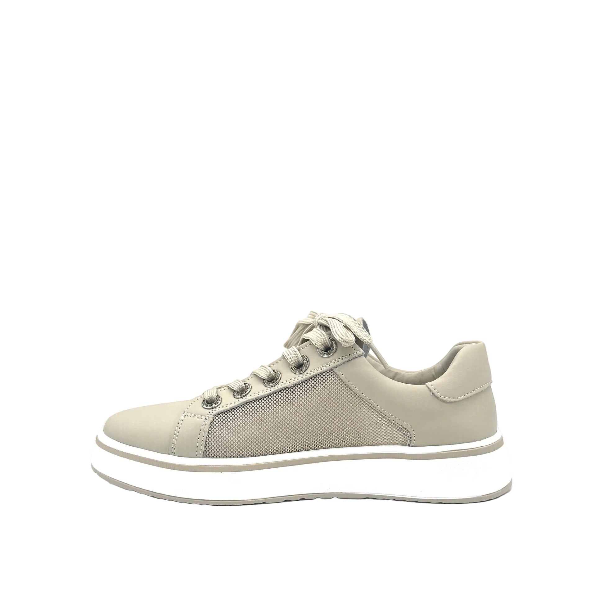 Beige: Bonavi Azael leather platform sneaker in beige with mesh panel detail and chunky white sole