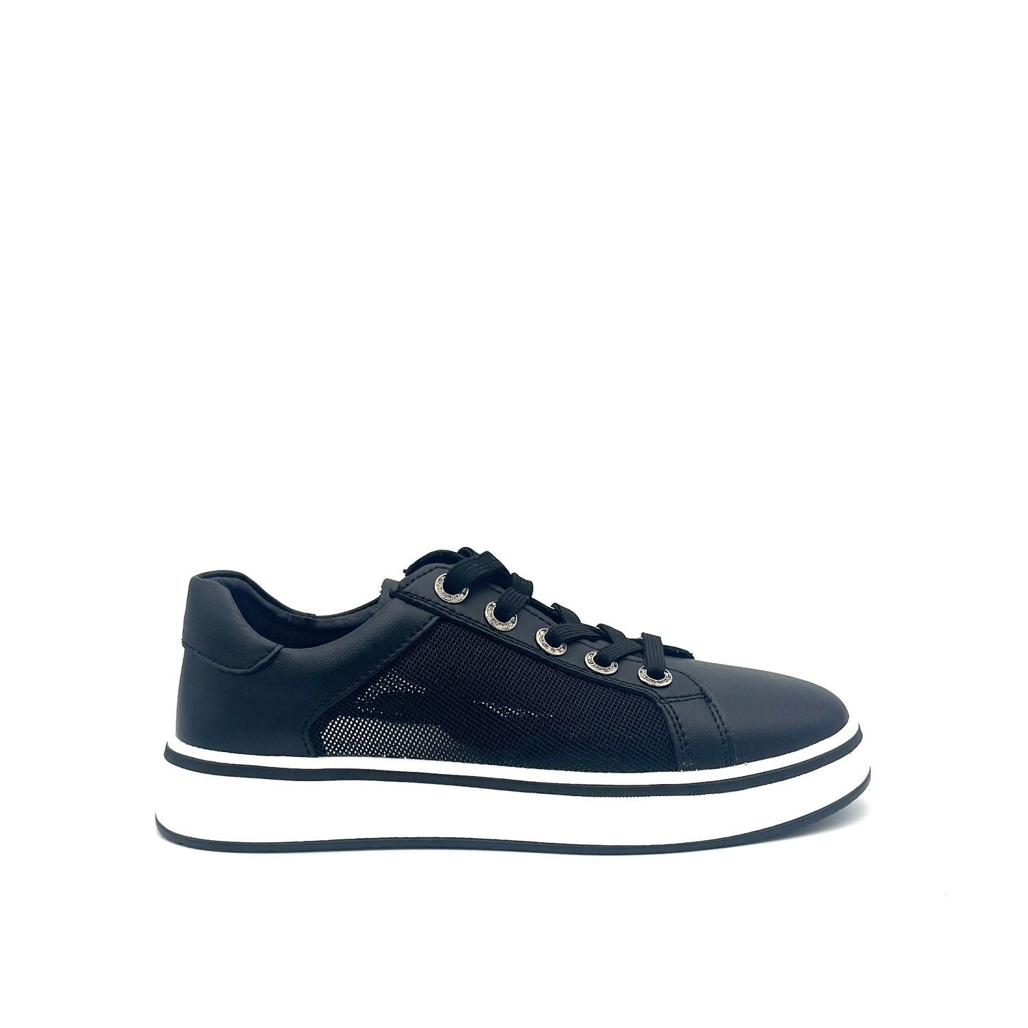 Black: Bonavi Azael leather platform sneaker in black with mesh panel detail and chunky white sole