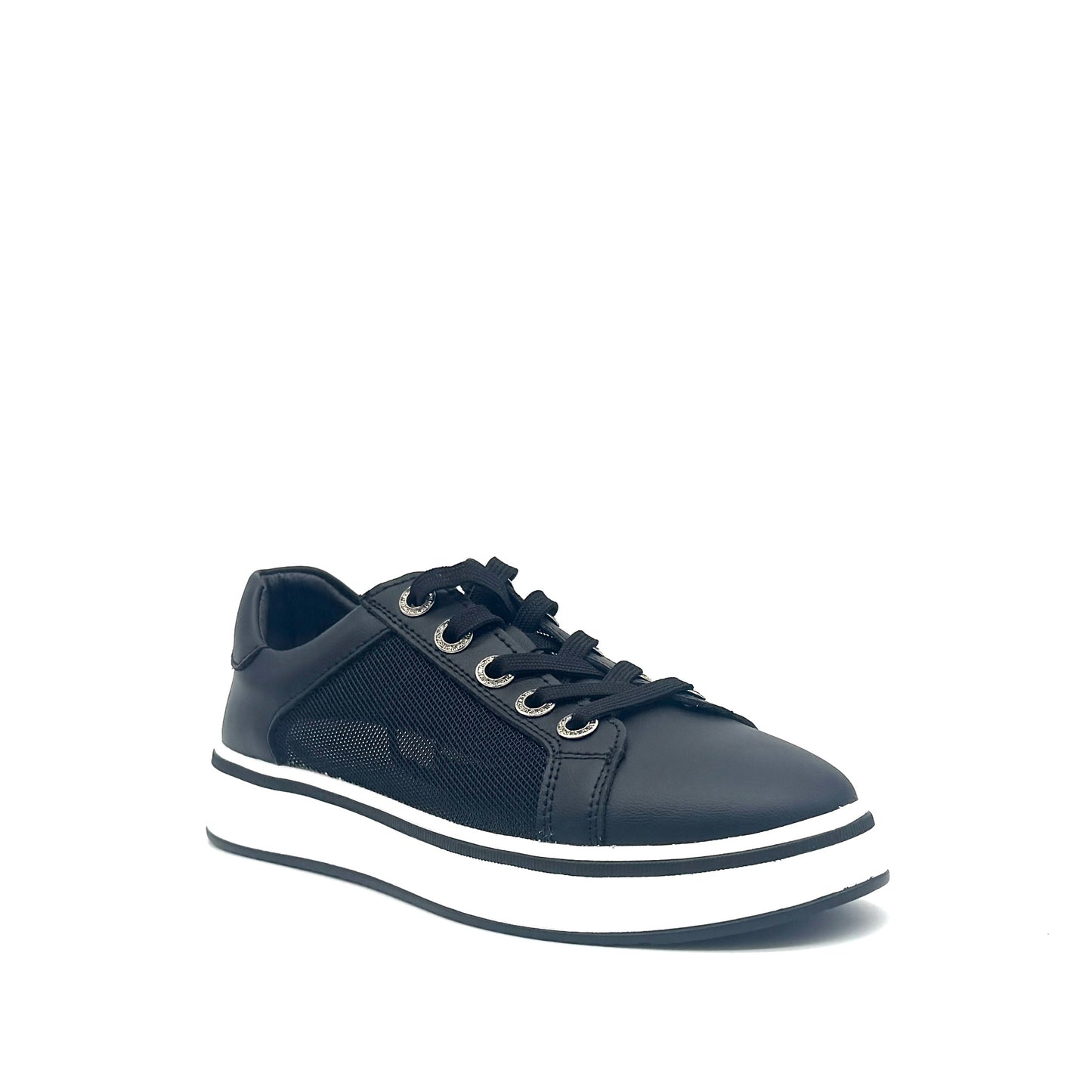 Black: Bonavi Azael leather platform sneaker in black with mesh panel detail and chunky white sole