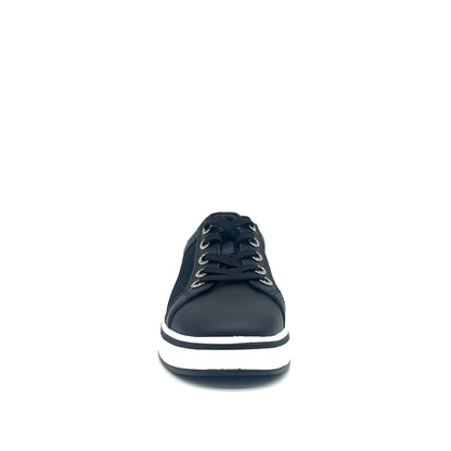 Black: Bonavi Azael leather platform sneaker in black with mesh panel detail and chunky white sole