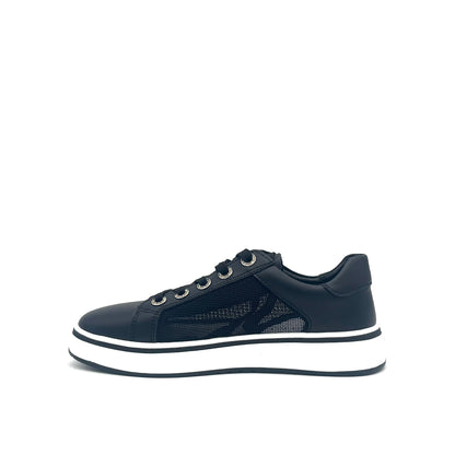 Black: Bonavi Azael leather platform sneaker in black with mesh panel detail and chunky white sole