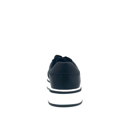 Black: Bonavi Azael leather platform sneaker in black with mesh panel detail and chunky white sole