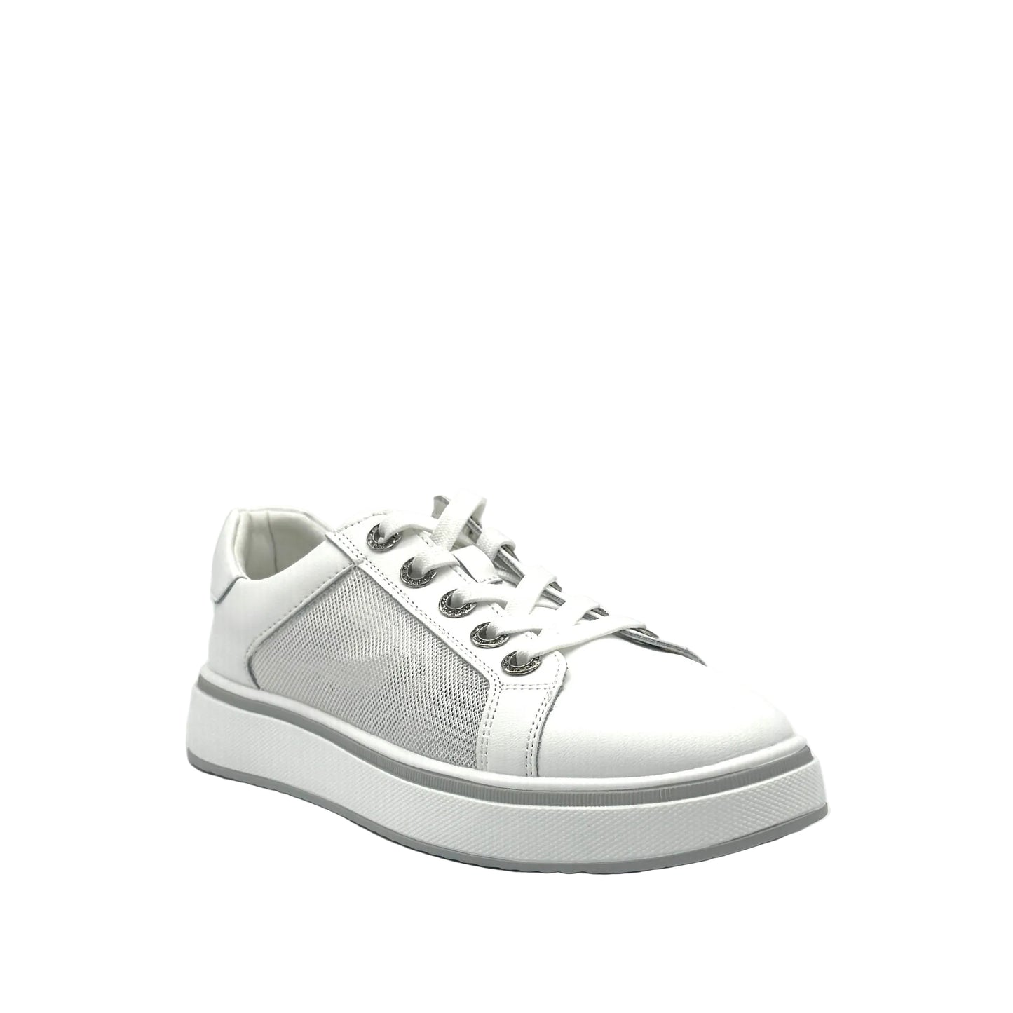 White: Bonavi Azael leather platform sneaker in white with mesh panel detail and chunky white sole,