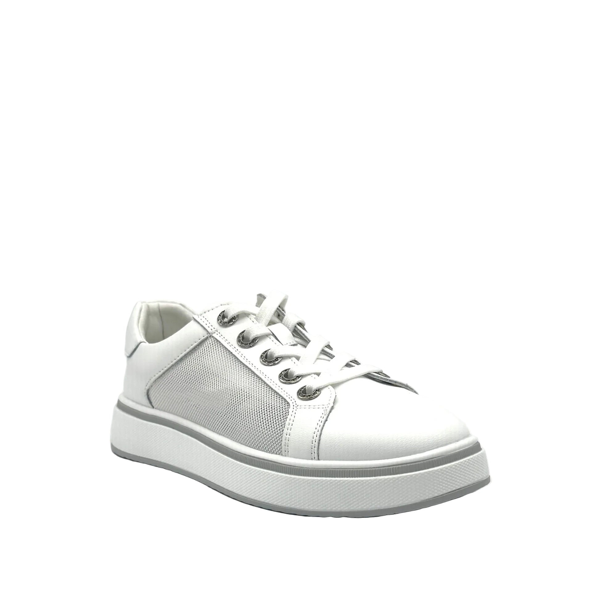 White: Bonavi Azael leather platform sneaker in white with mesh panel detail and chunky white sole,