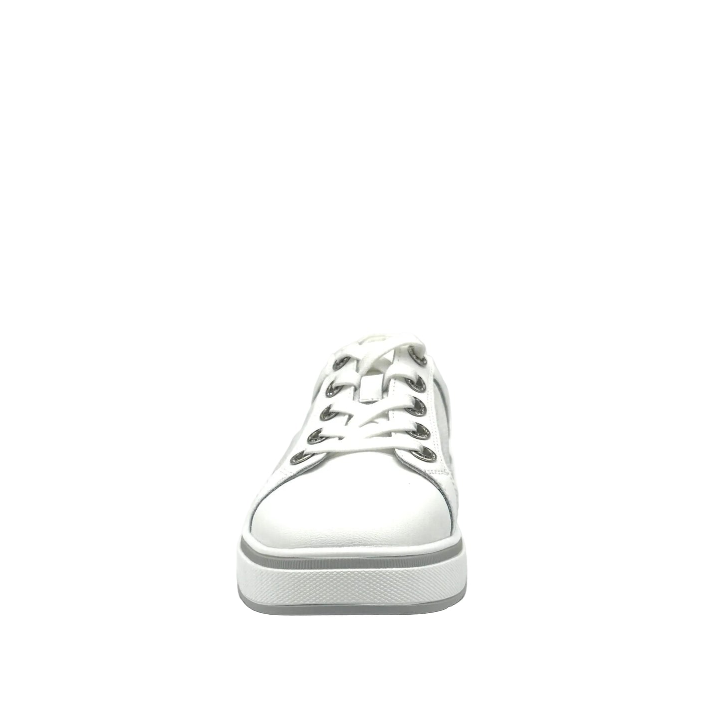 White: Bonavi Azael leather platform sneaker in white with mesh panel detail and chunky white sole,