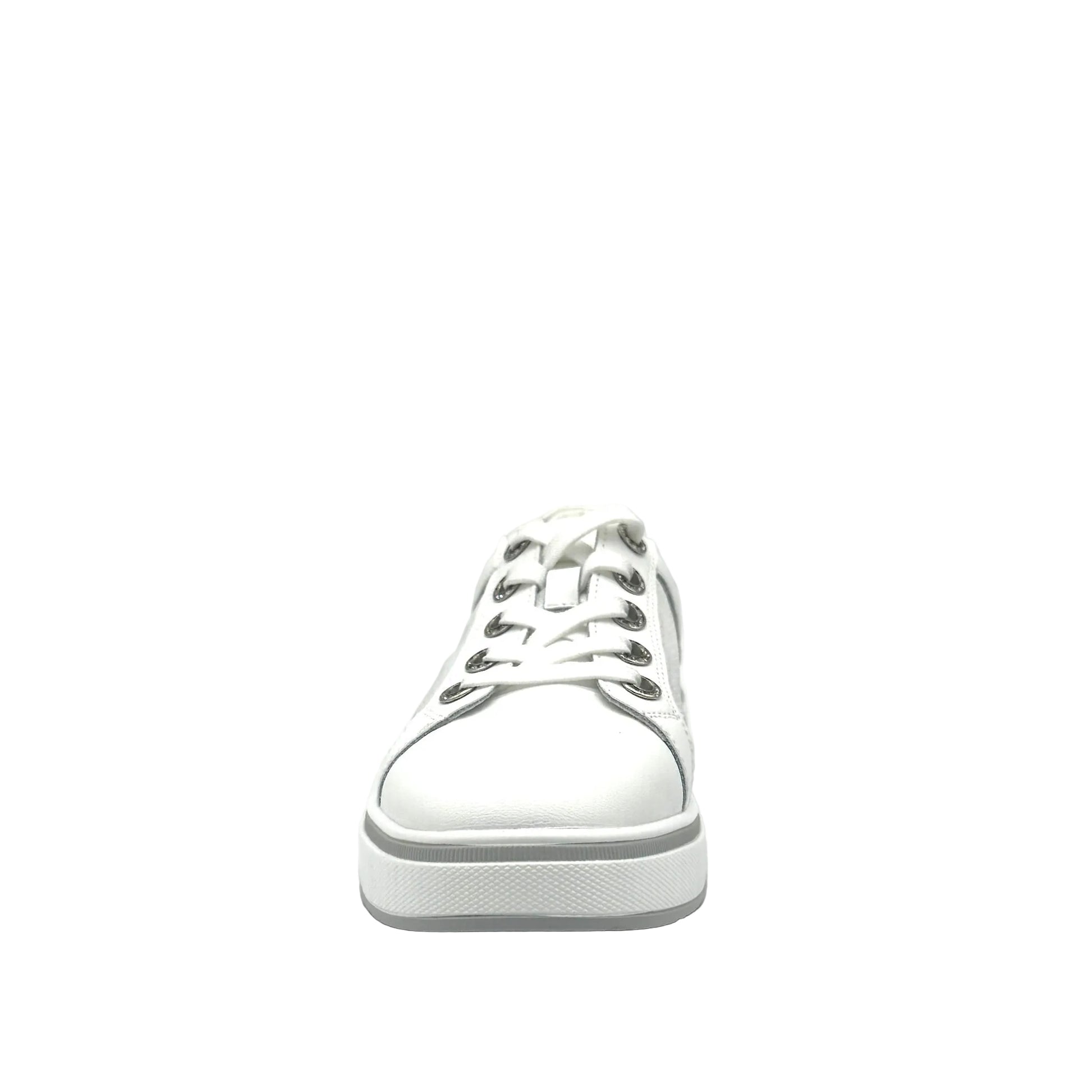 White: Bonavi Azael leather platform sneaker in white with mesh panel detail and chunky white sole,