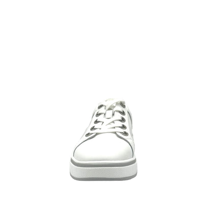 White: Bonavi Azael leather platform sneaker in white with mesh panel detail and chunky white sole,