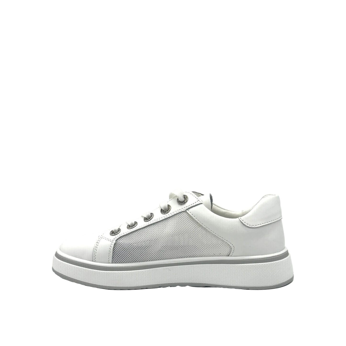 White: Bonavi Azael leather platform sneaker in white with mesh panel detail and chunky white sole,