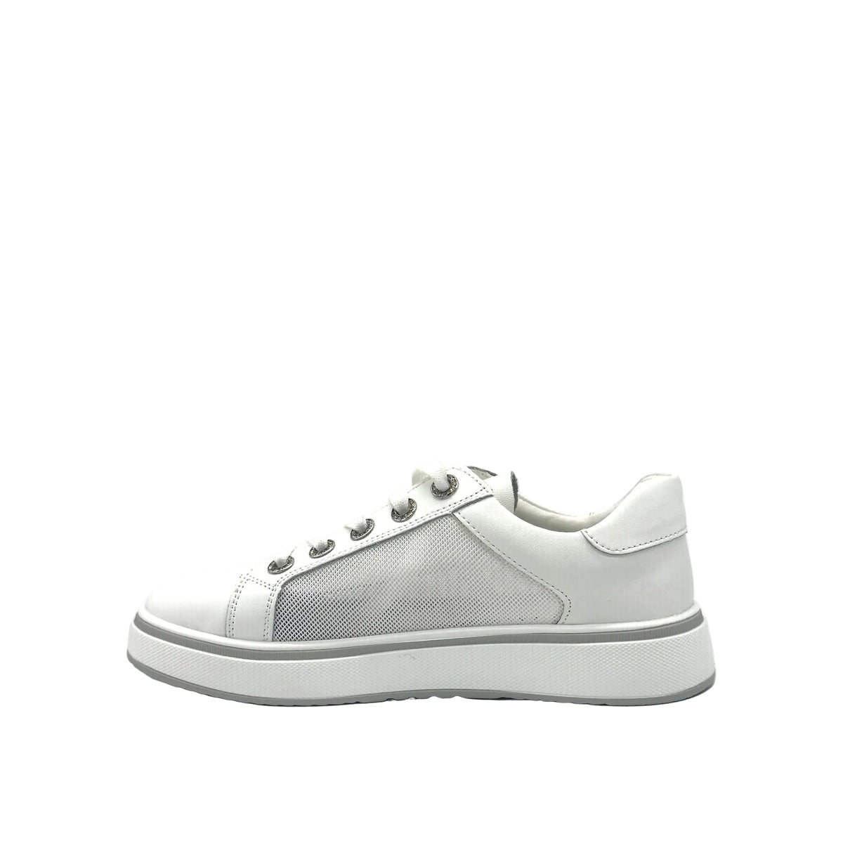 White: Bonavi Azael leather platform sneaker in white with mesh panel detail and chunky white sole,