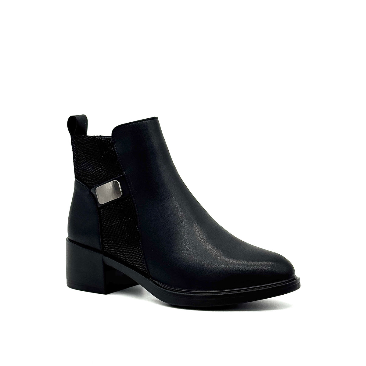 BONAVI Billie genuine leather and suede ankle boot in black with metal hardware detail, angled view