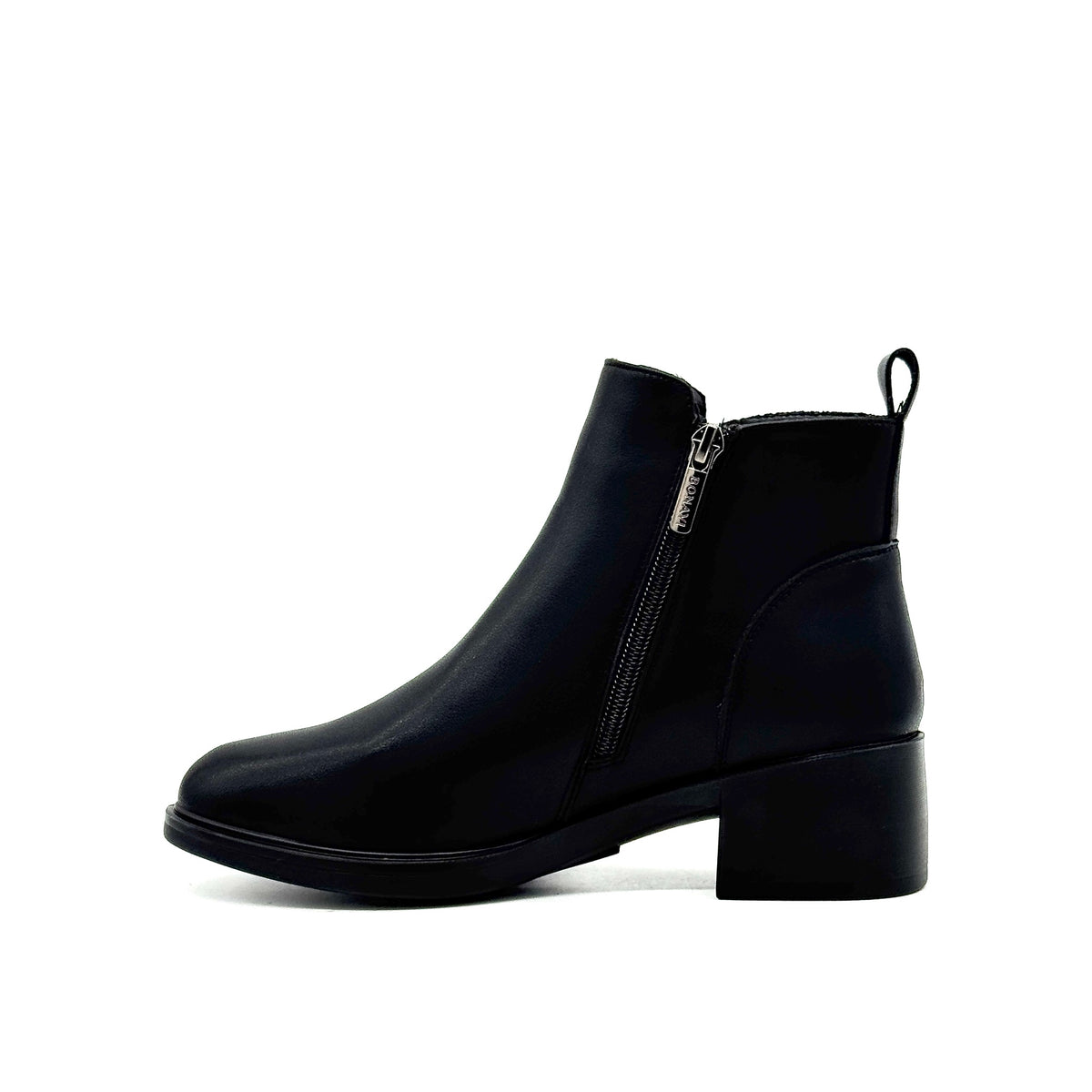 BONAVI Billie genuine leather and suede ankle boot in black with side zip closure, inner side view