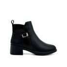BONAVI Billie genuine leather and suede ankle boot in black with metal hardware detail, side view
