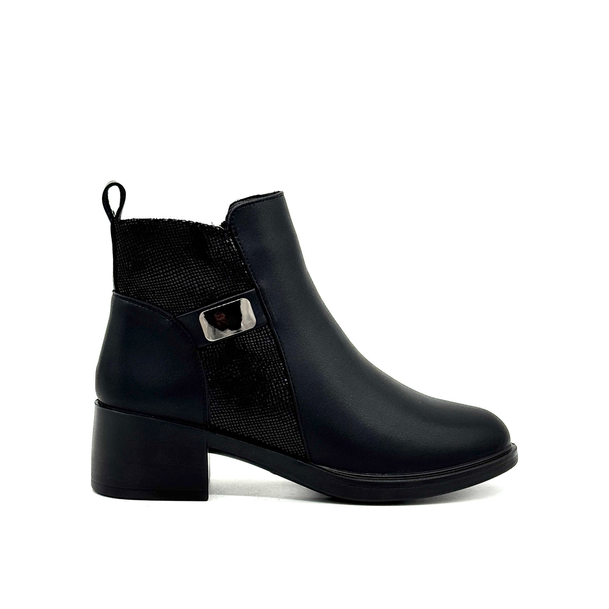 BONAVI Billie genuine leather and suede ankle boot in black with metal hardware detail, side view