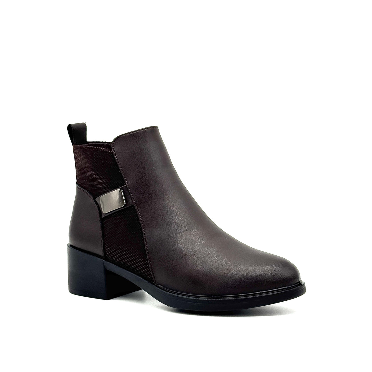 BONAVI Billie genuine leather and suede ankle boot in brown with metal hardware detail, angled view