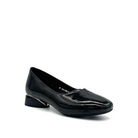BONAVI Camille genuine leather pointed toe flat in black with high-shine finish and mirrored block heel, three-quarter view