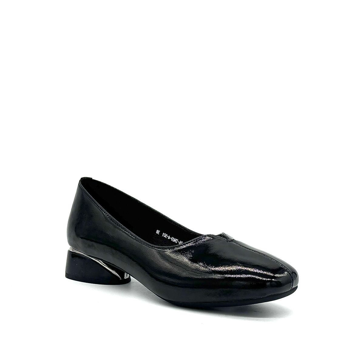 BONAVI Camille genuine leather pointed toe flat in black with high-shine finish and mirrored block heel, three-quarter view