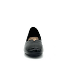 BONAVI Camille genuine leather pointed toe flat in black with high-shine finish and mirrored block heel, front view