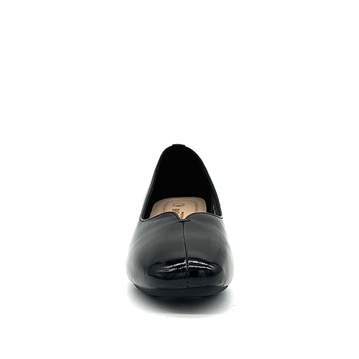 BONAVI Camille genuine leather pointed toe flat in black with high-shine finish and mirrored block heel, front view