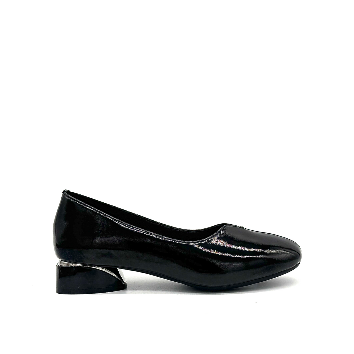 BONAVI Camille genuine leather pointed toe flat in black with high-shine finish and mirrored block heel, side view