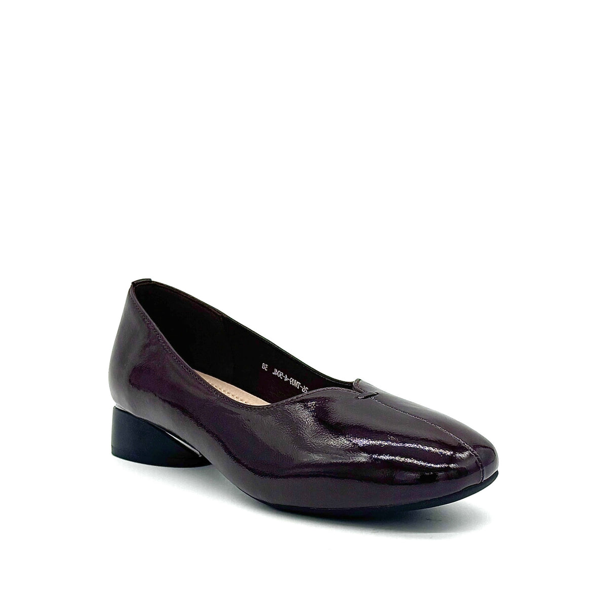 BONAVI Camille genuine leather pointed toe flat in burgundy with high-shine finish and mirrored block heel, three-quarter view