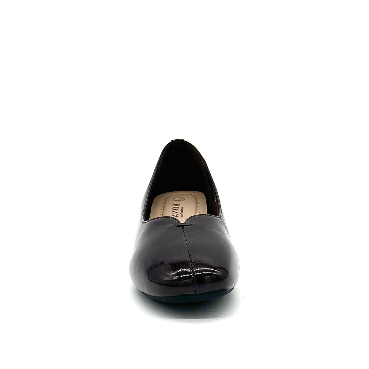 BONAVI Camille genuine leather pointed toe flat in burgundy with high-shine finish and mirrored block heel, front view