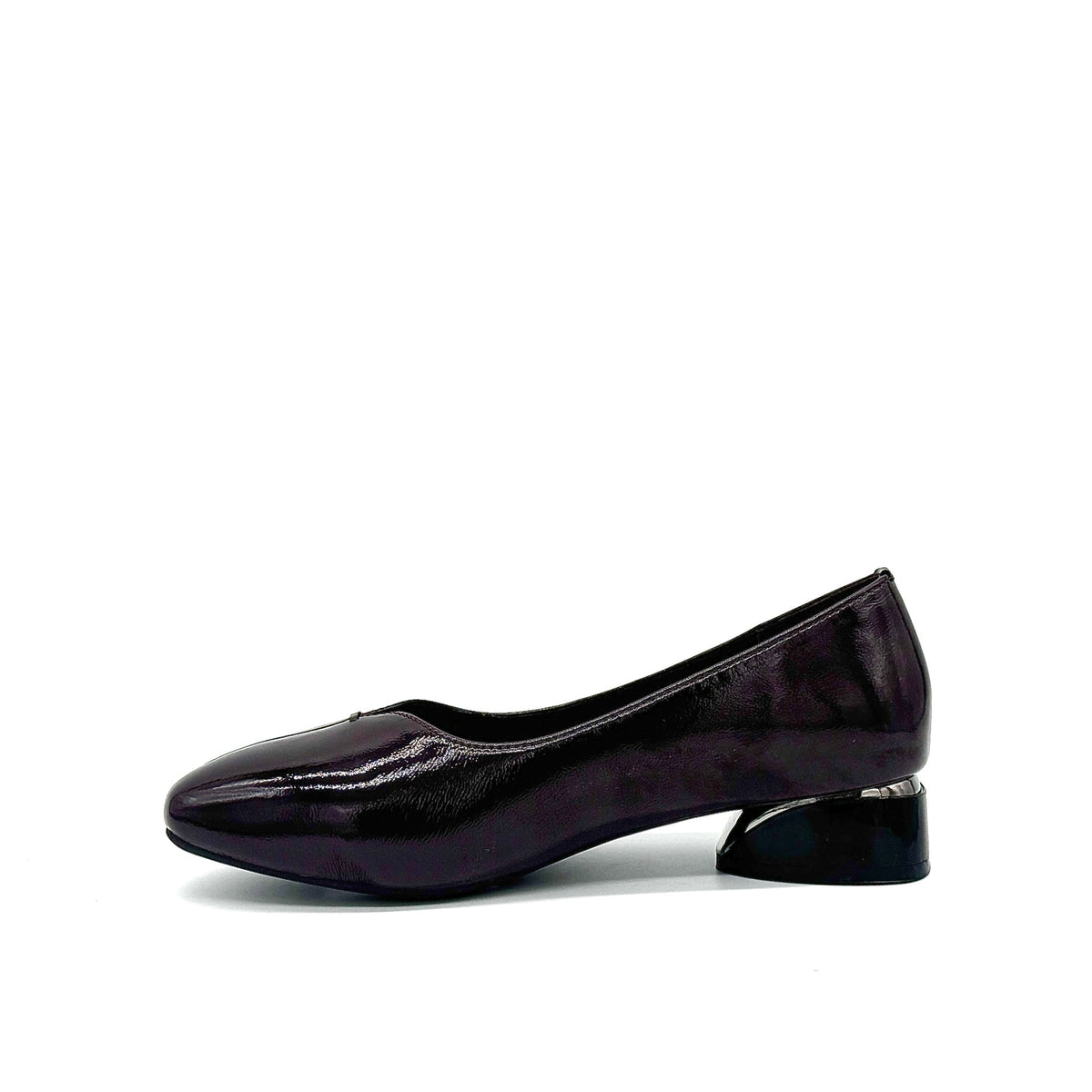 BONAVI Camille genuine leather pointed toe flat in burgundy with high-shine finish and mirrored block heel, inner side view