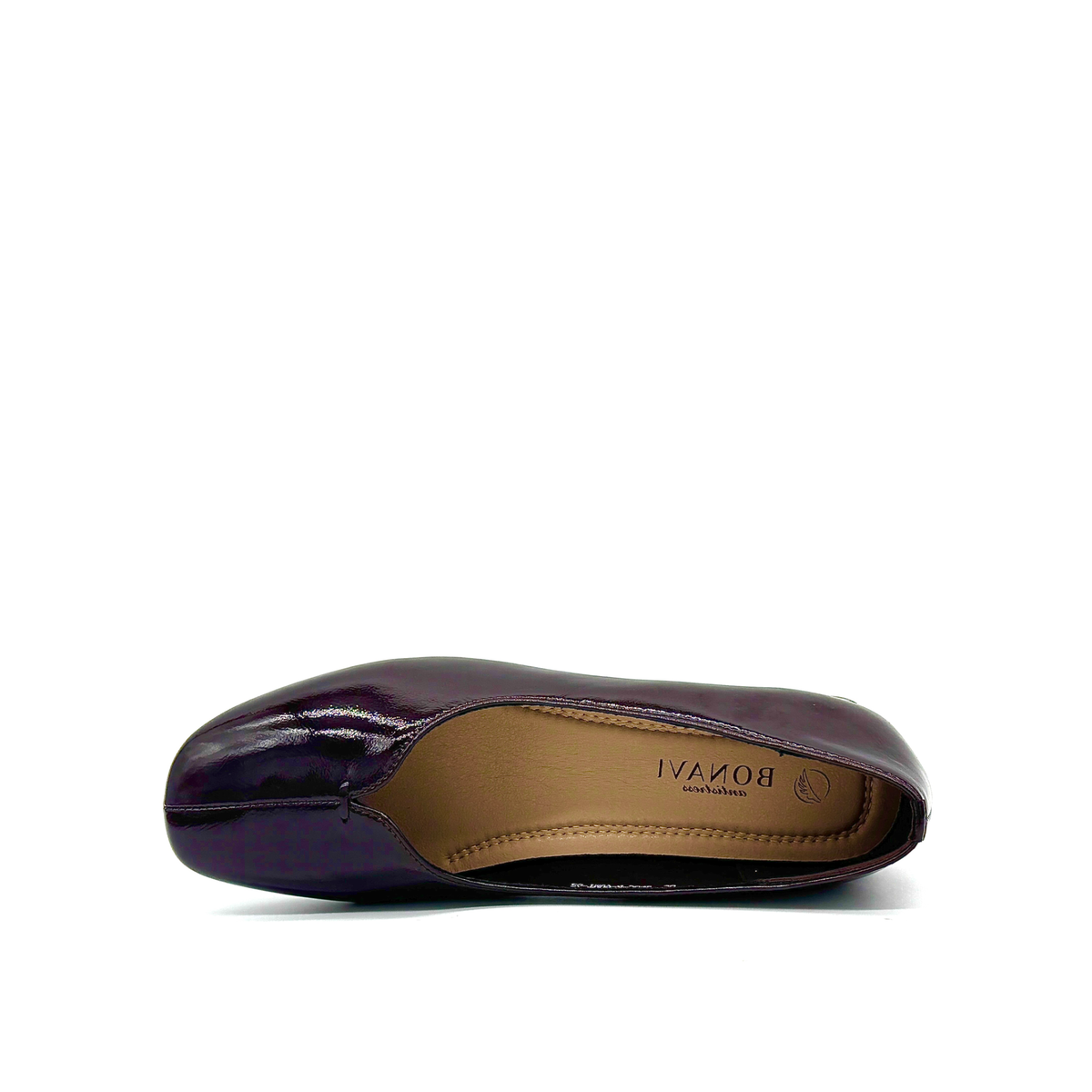 BONAVI Camille genuine leather pointed toe flat in burgundy with high-shine finish and mirrored block heel, insole view