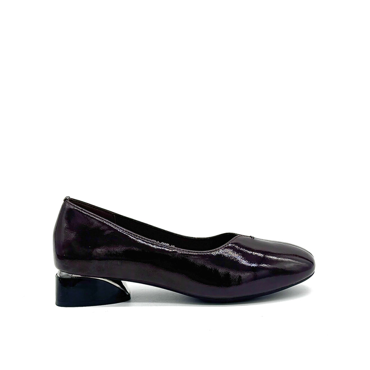 BONAVI Camille genuine leather pointed toe flat in burgundy with high-shine finish and mirrored block heel, side view